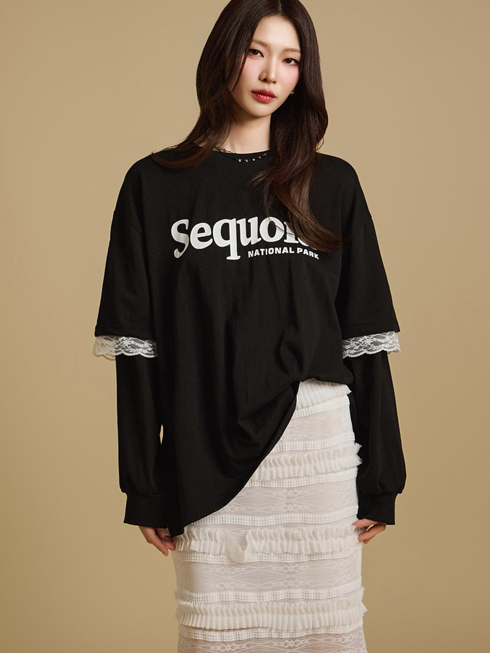 E3713 文字蕾丝T恤