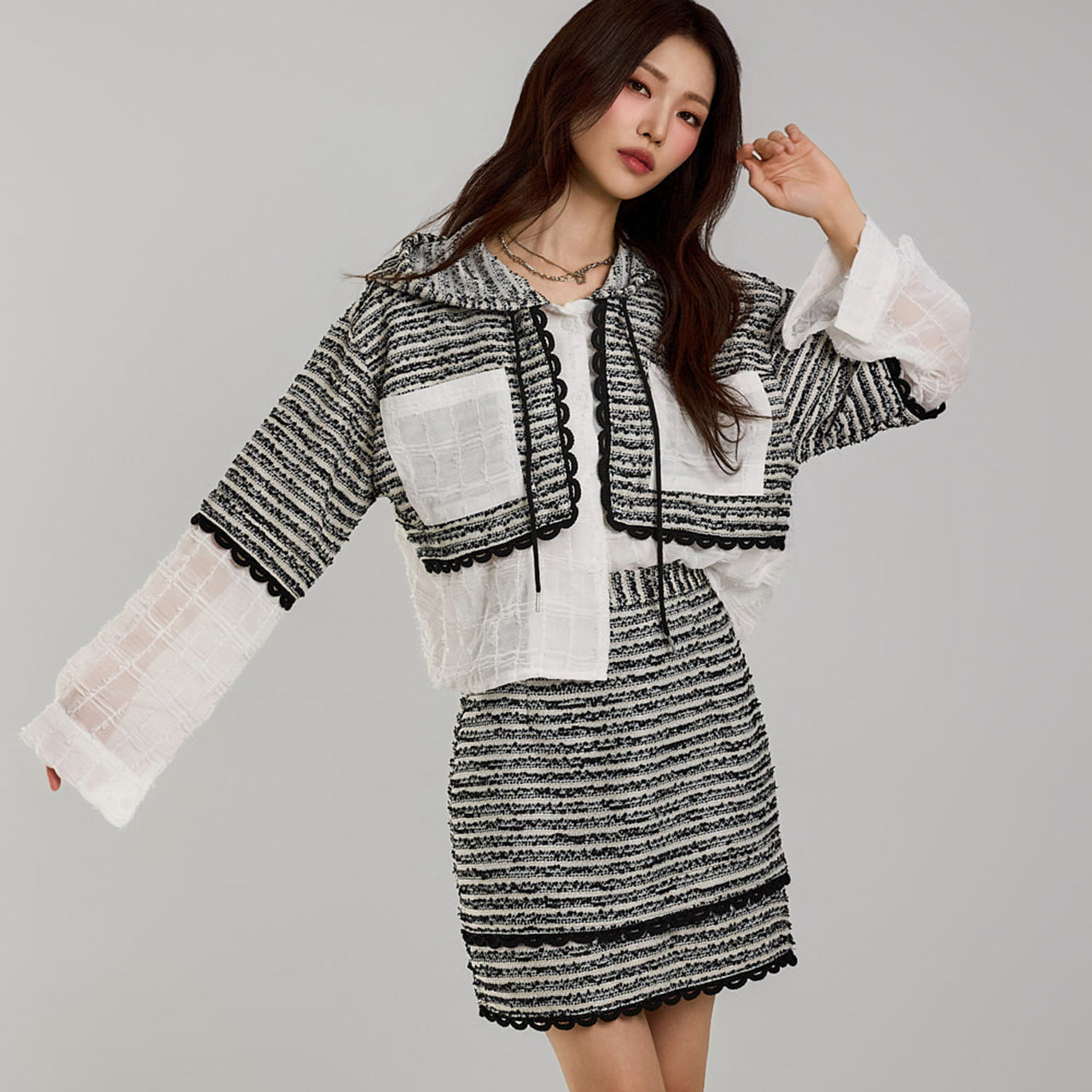 E3739 粗花呢连帽上衣