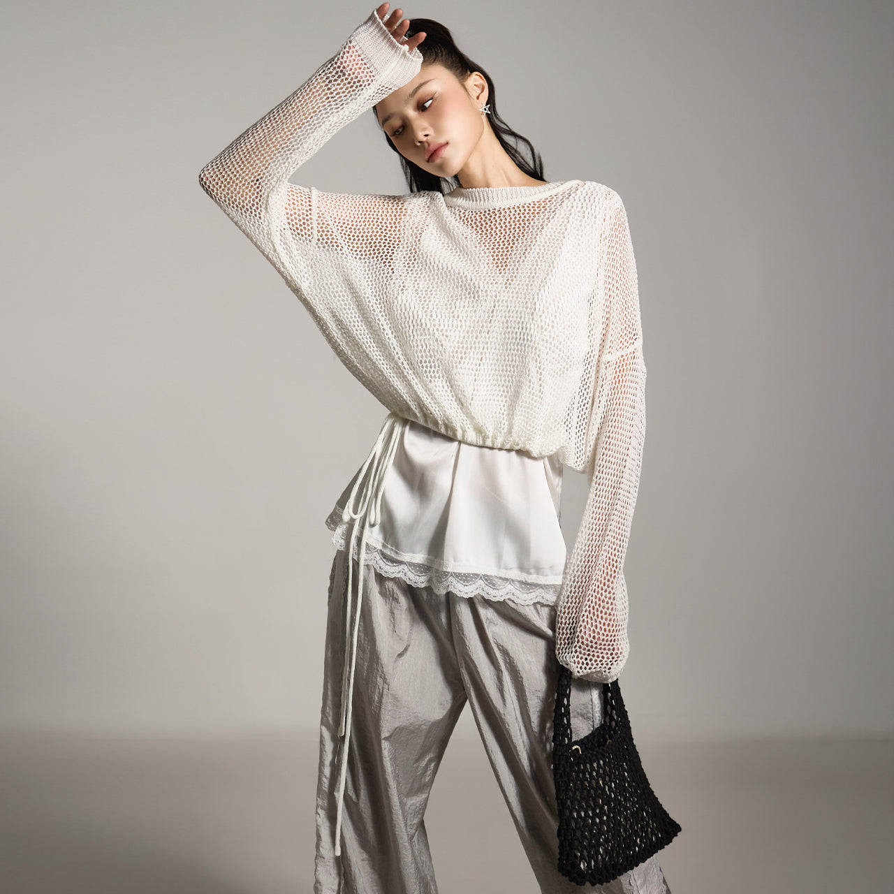 E3827 メッシュリネンニットトップ