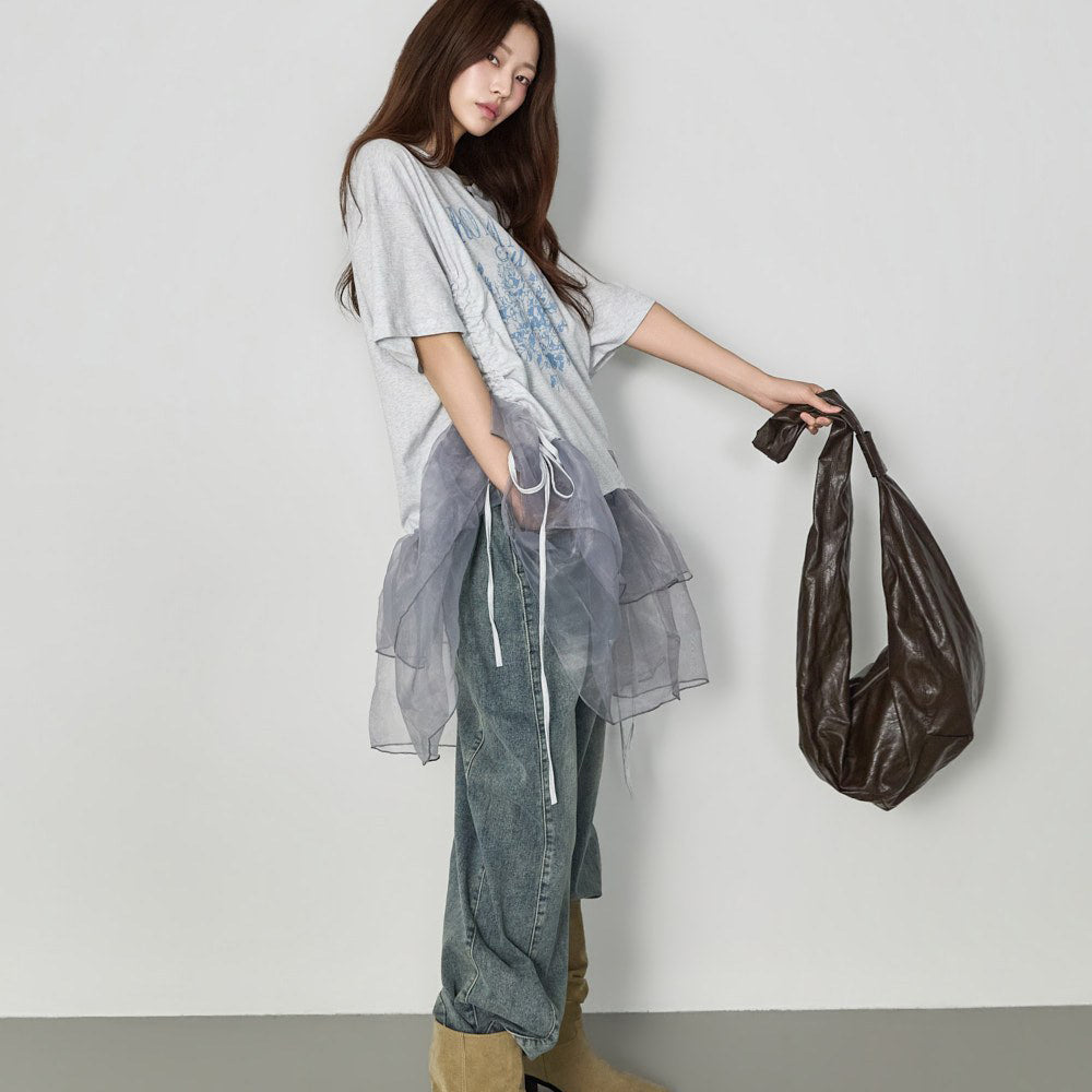 E4377 Lettering Chiffon Frill Top
