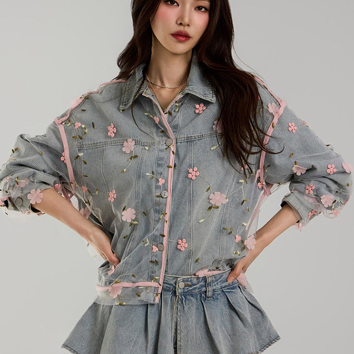 J2697 Flower-Patterned Denim Jacket