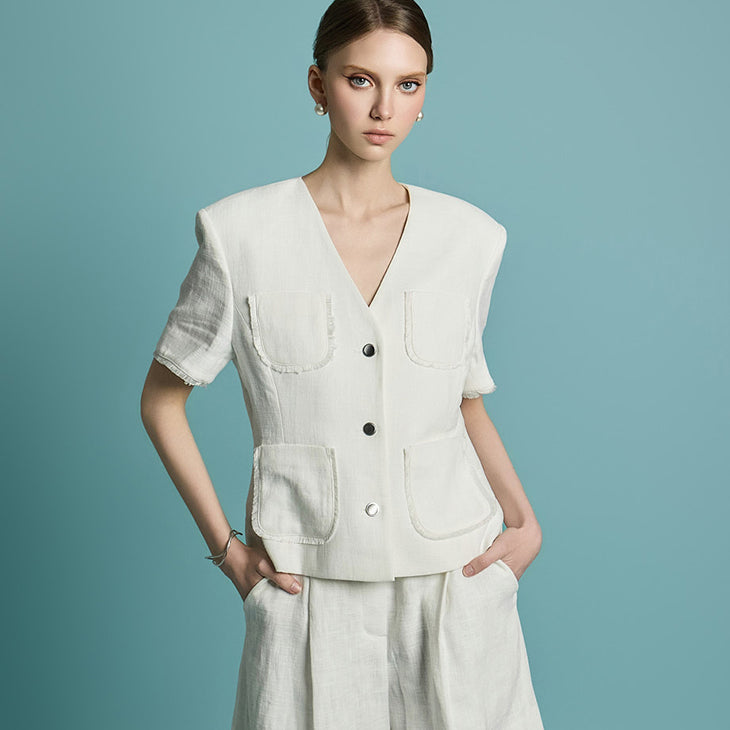 J2773 无领亚麻夹克