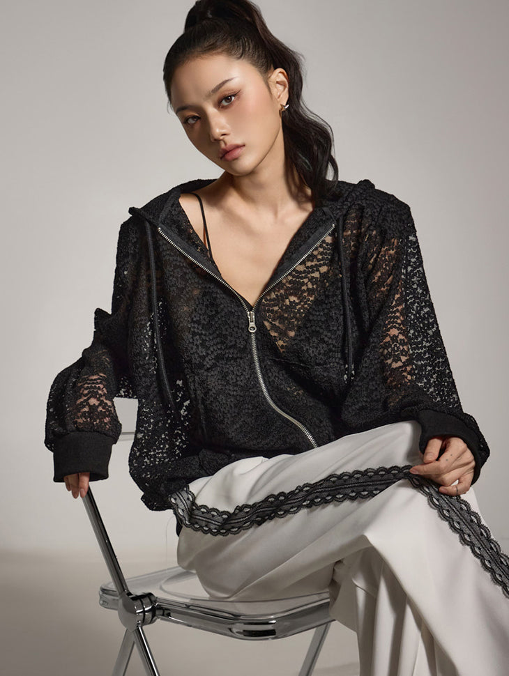 J2783 蕾丝连帽拉链夹克