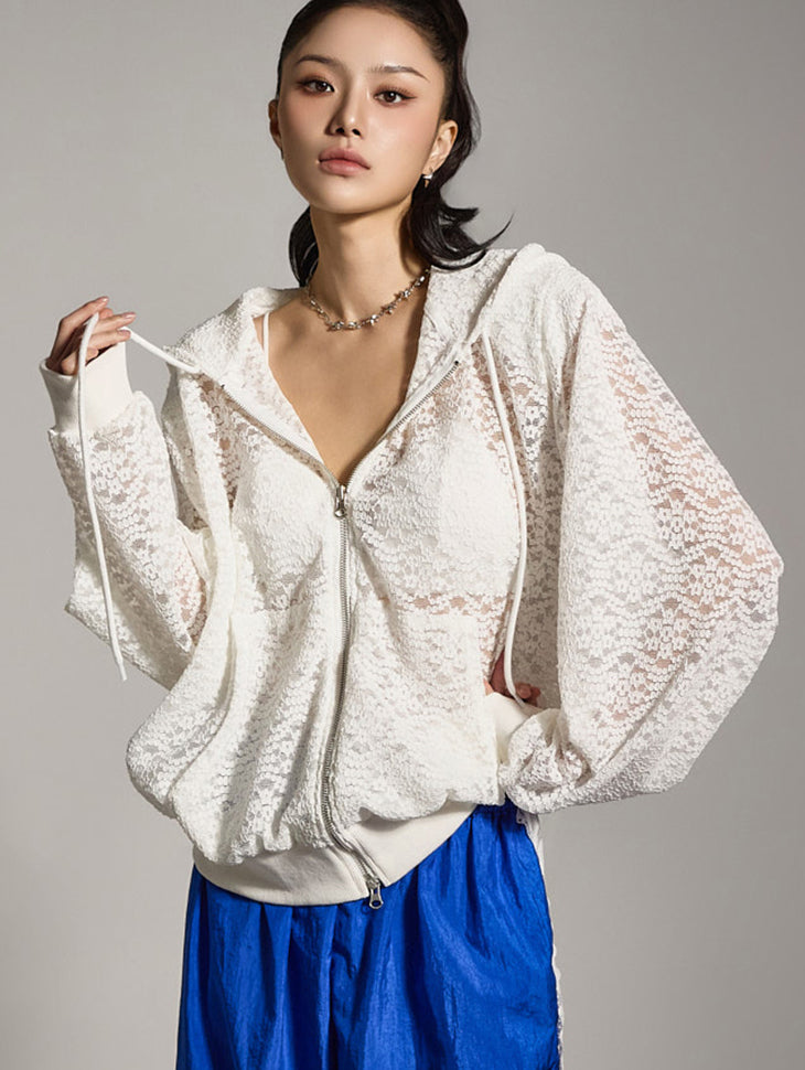 J2783 蕾丝连帽拉链夹克