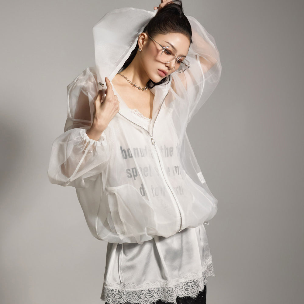 J2784 Sheer Hooded Zip-Up Jacket