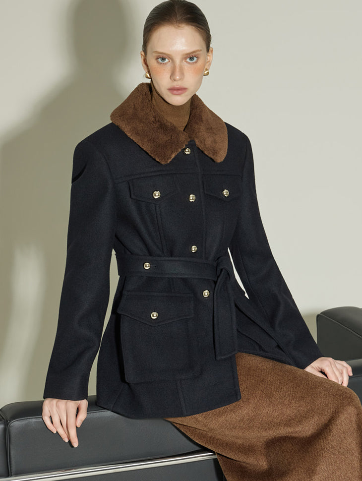 J3008 Fur Contrast Wool Jacket
