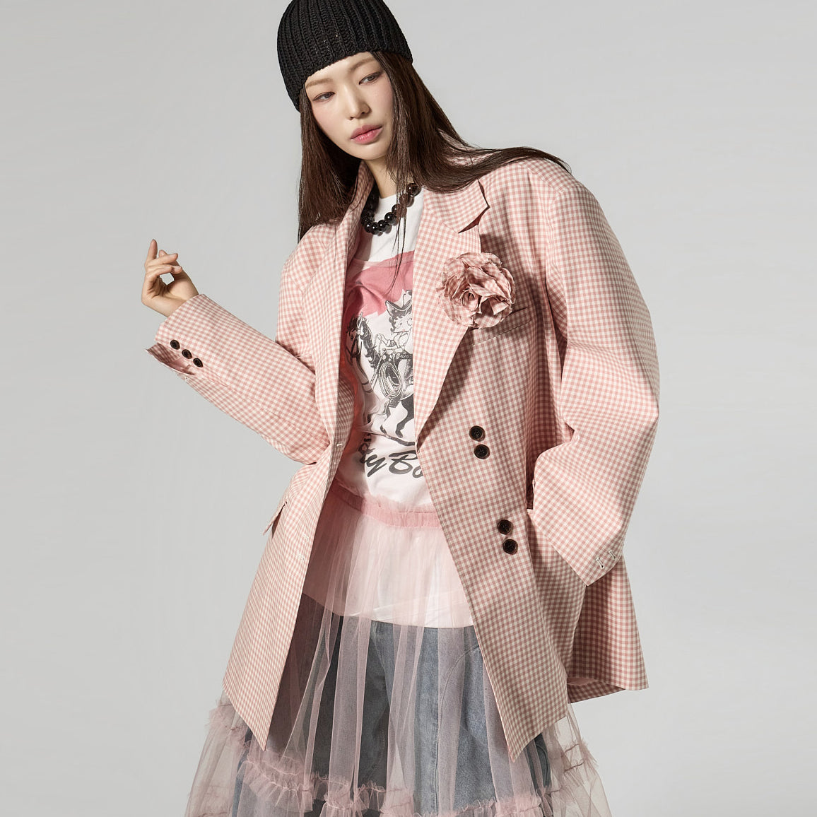 J3125 Check Corsage Jacket