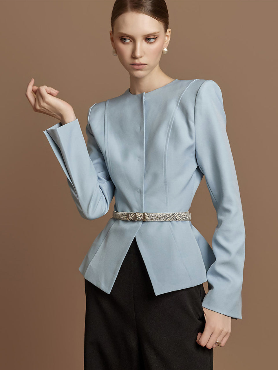 J9310 Collarless Jacket with Belt