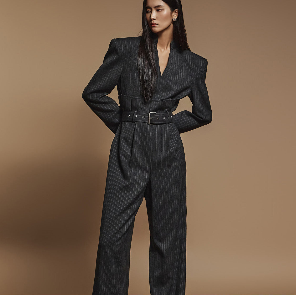 MBDJS004 条纹宽连身裤(腰带组)