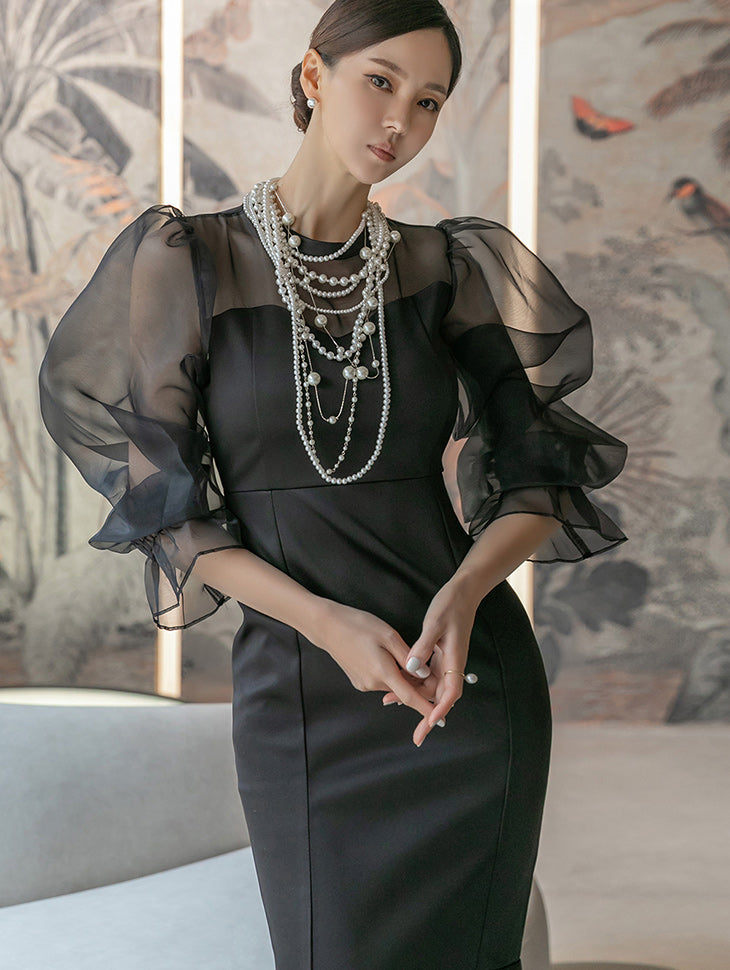 D4358 缎面透视泡泡袖美人鱼中长连衣裙