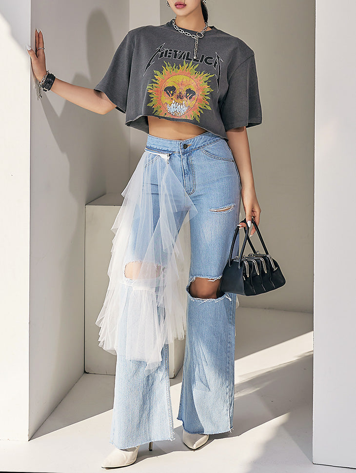 PJ450 半宽牛仔裤(可拆卸薄纱)