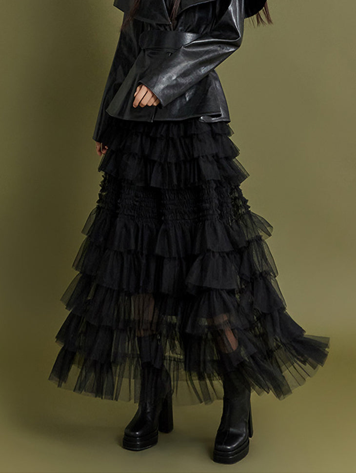 SK2637 チュールティアードウエストゴムロングスカート