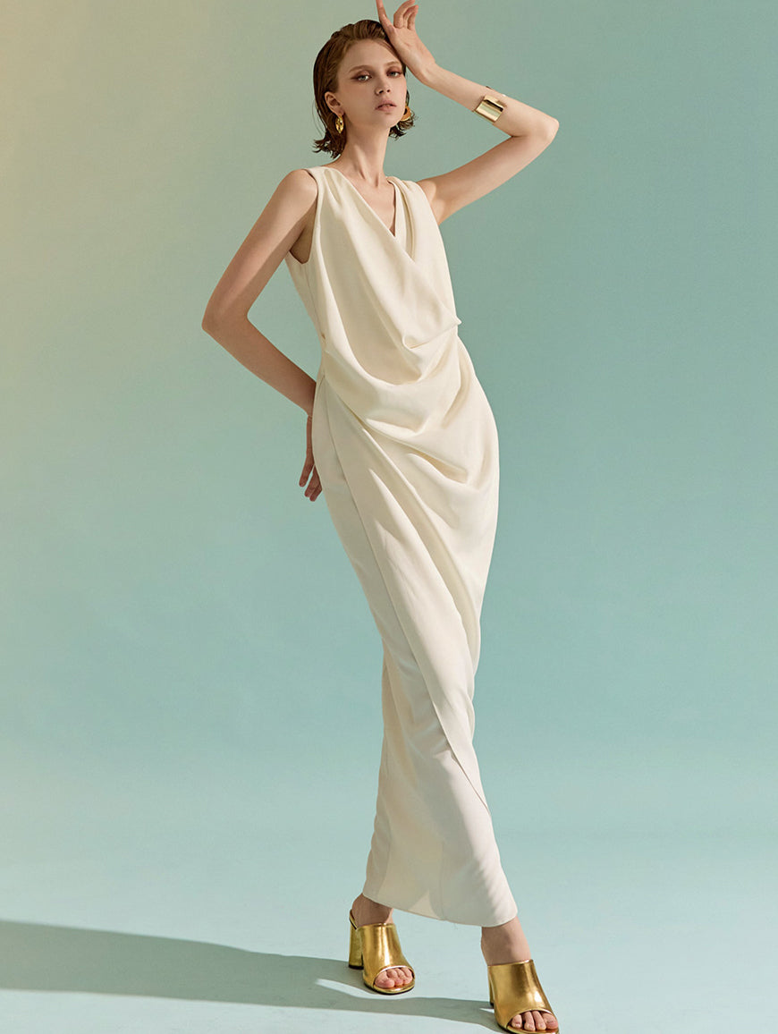 D9278 カウルネックドレープノースリーブマキシワンピース