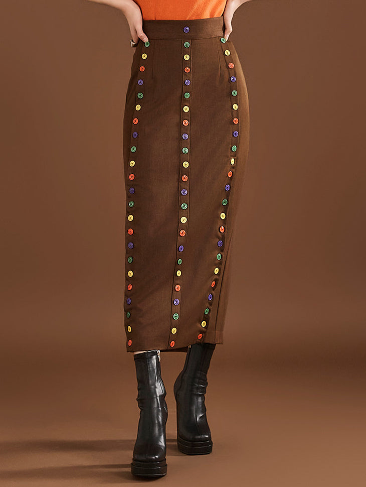 SK9227 Color Button High Waist Long Skirt