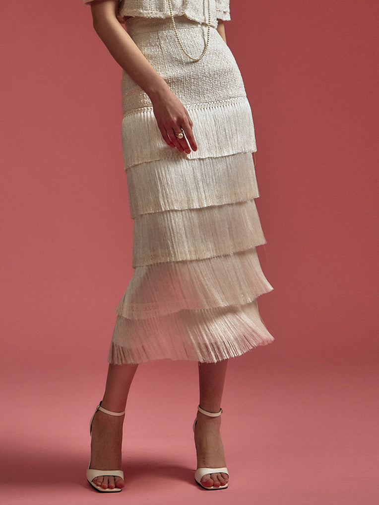 SK9201 ツイードフリンジミディスカート