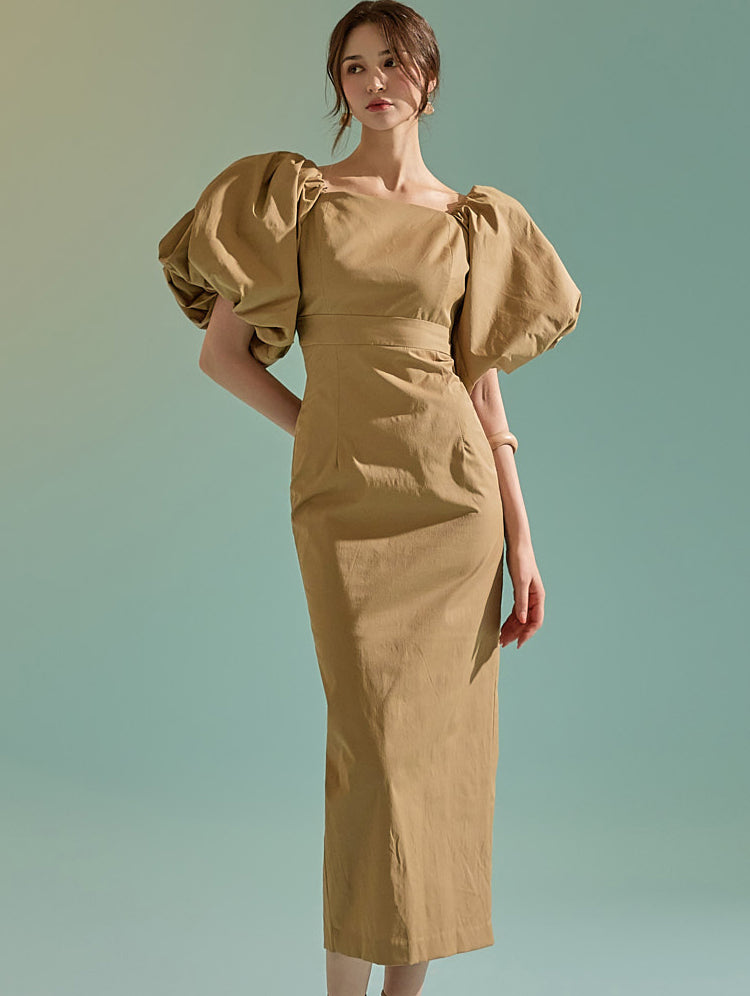 D9451 Big Puff Sleeve Midi Dress