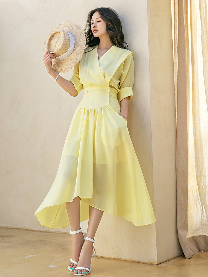 D4260 褶裥裹身不对称连衣裙