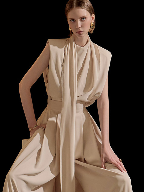 B9080 Drape Sleeveless Pad Scarf Blouse