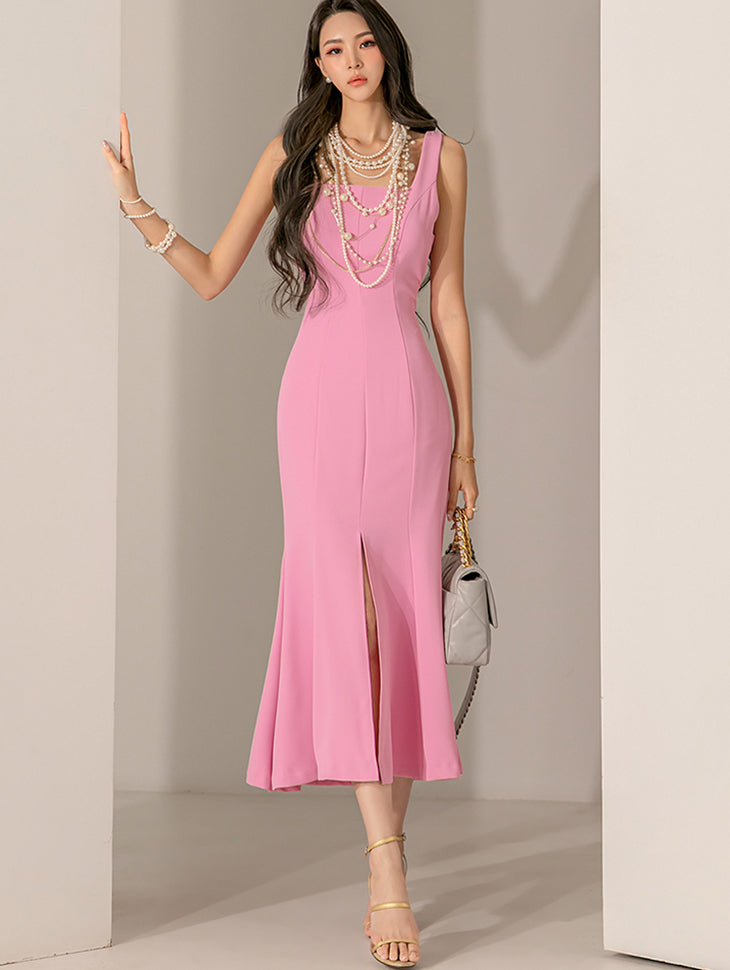 D4495 ノースリーブマーメイドミディドレス