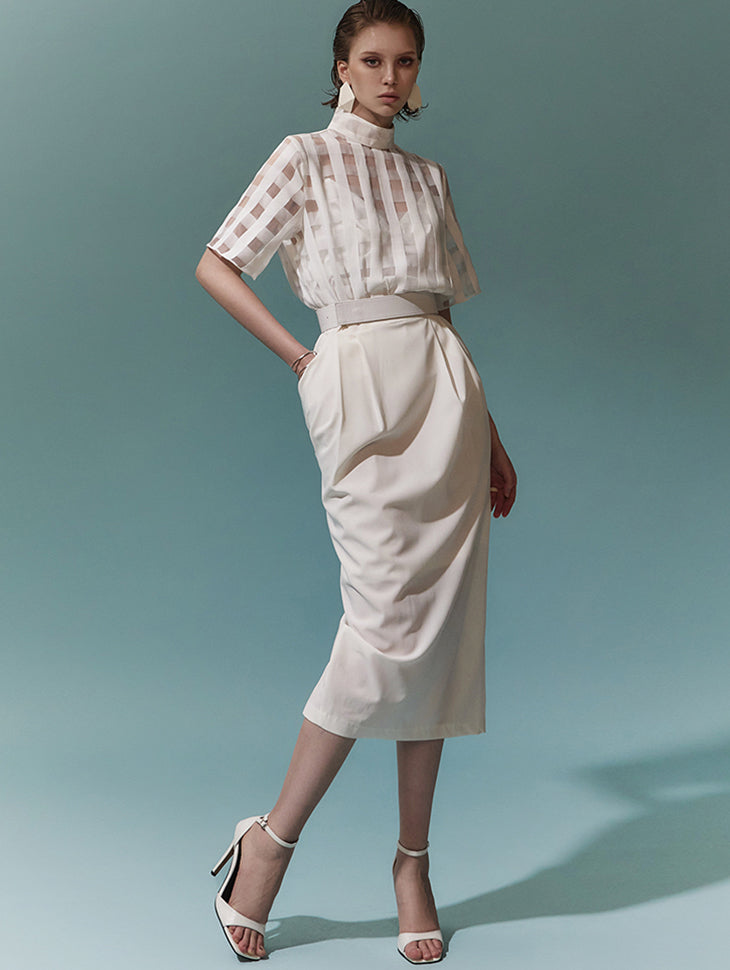 D9183 スクエアシースルー配色ミディドレス(ベルトセット)