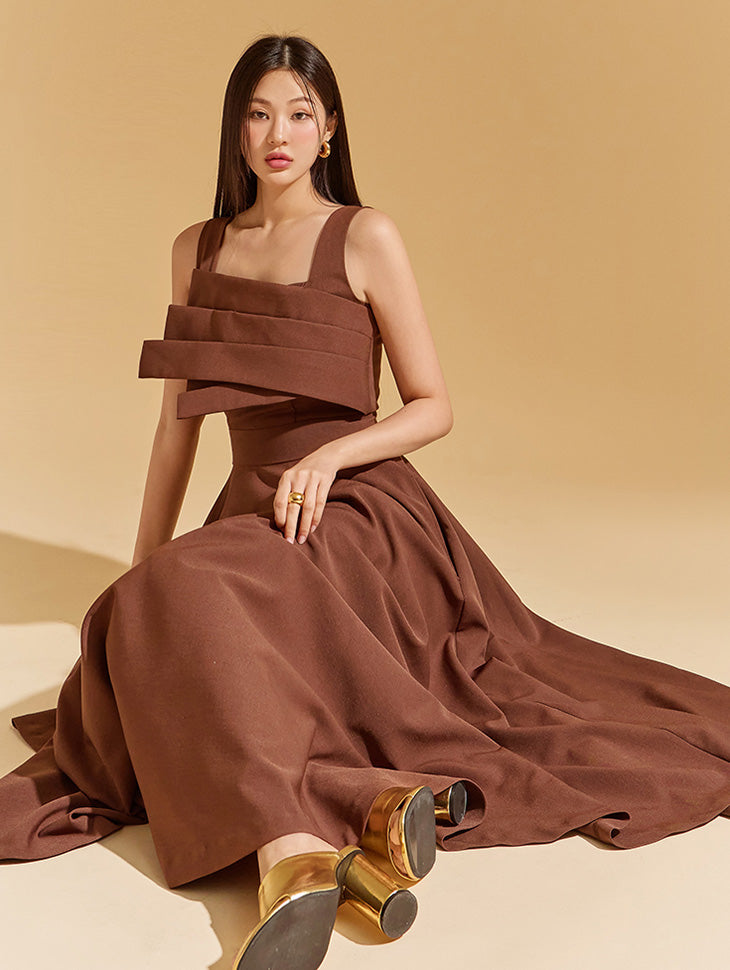 D9445 褶裥无袖喇叭连衣裙