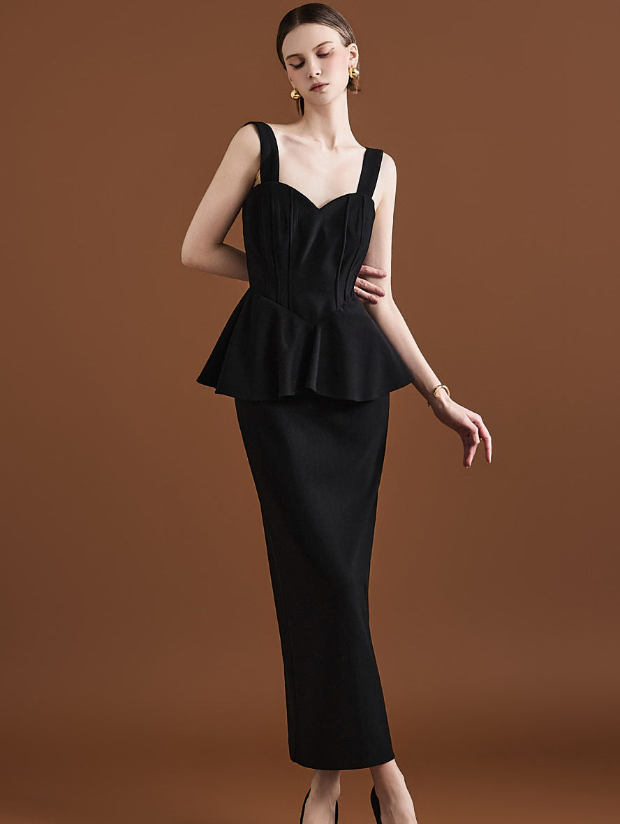 D9458 Tube Top Pintuck Frill Long Dress(shoulder Strap Set)