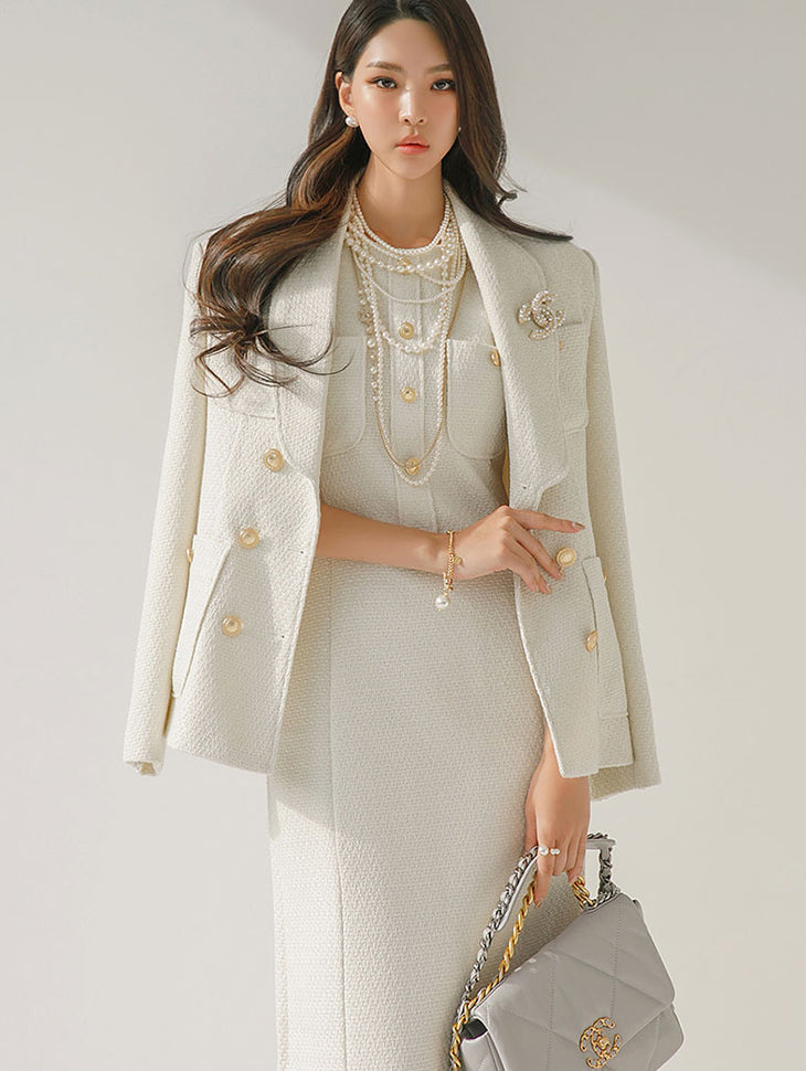 J1616 ツイードショールカラーダブルボタンジャケット