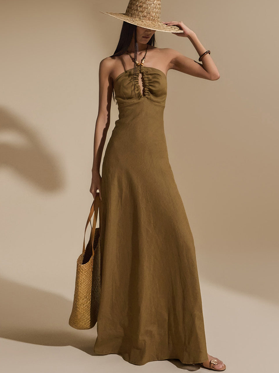 D5026 挂脖亚麻连衣裙