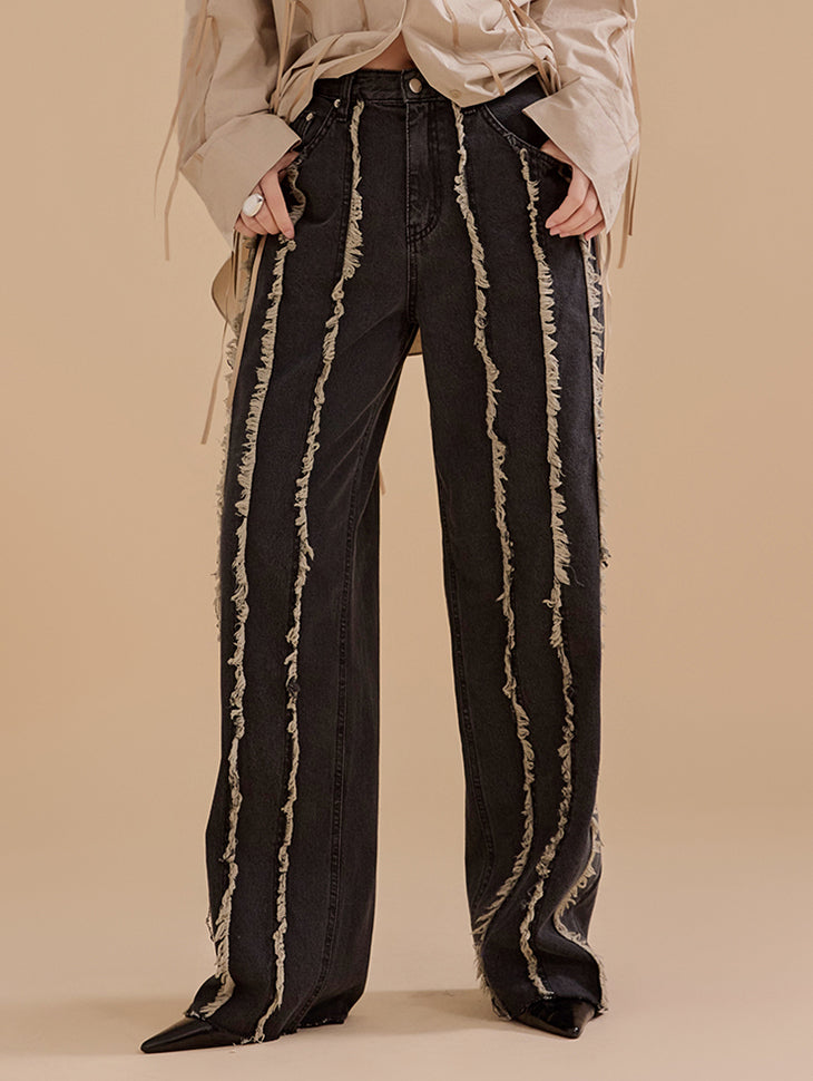 PJ471 Fringe Semi Baggy Jeans