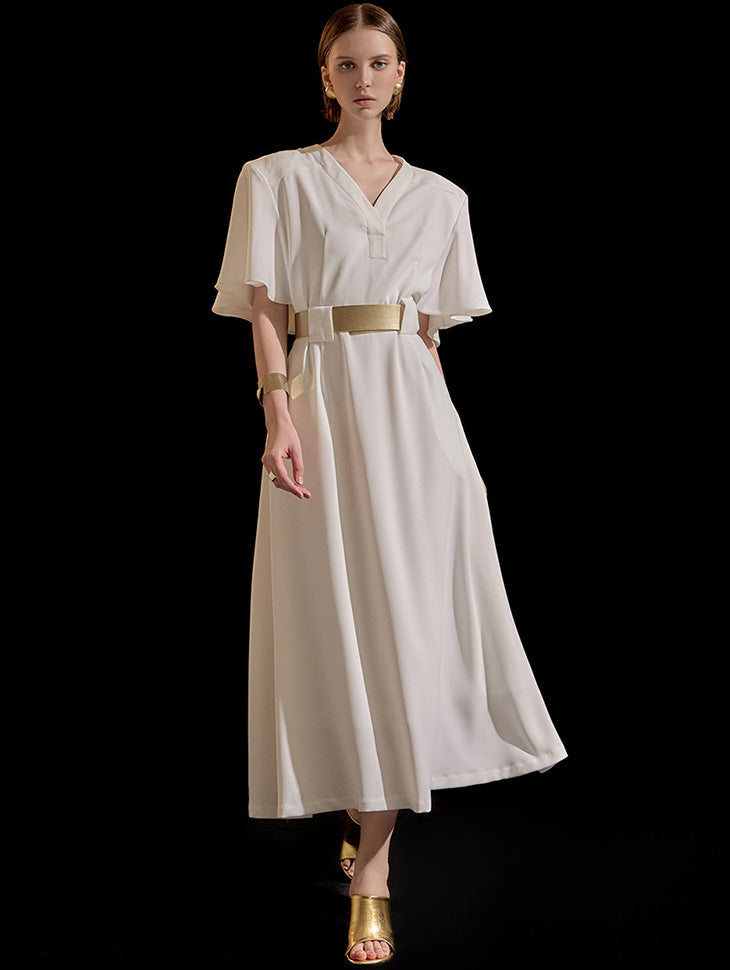 D9376 Vネックフリルパッドロングワンピース(ベルトセット)