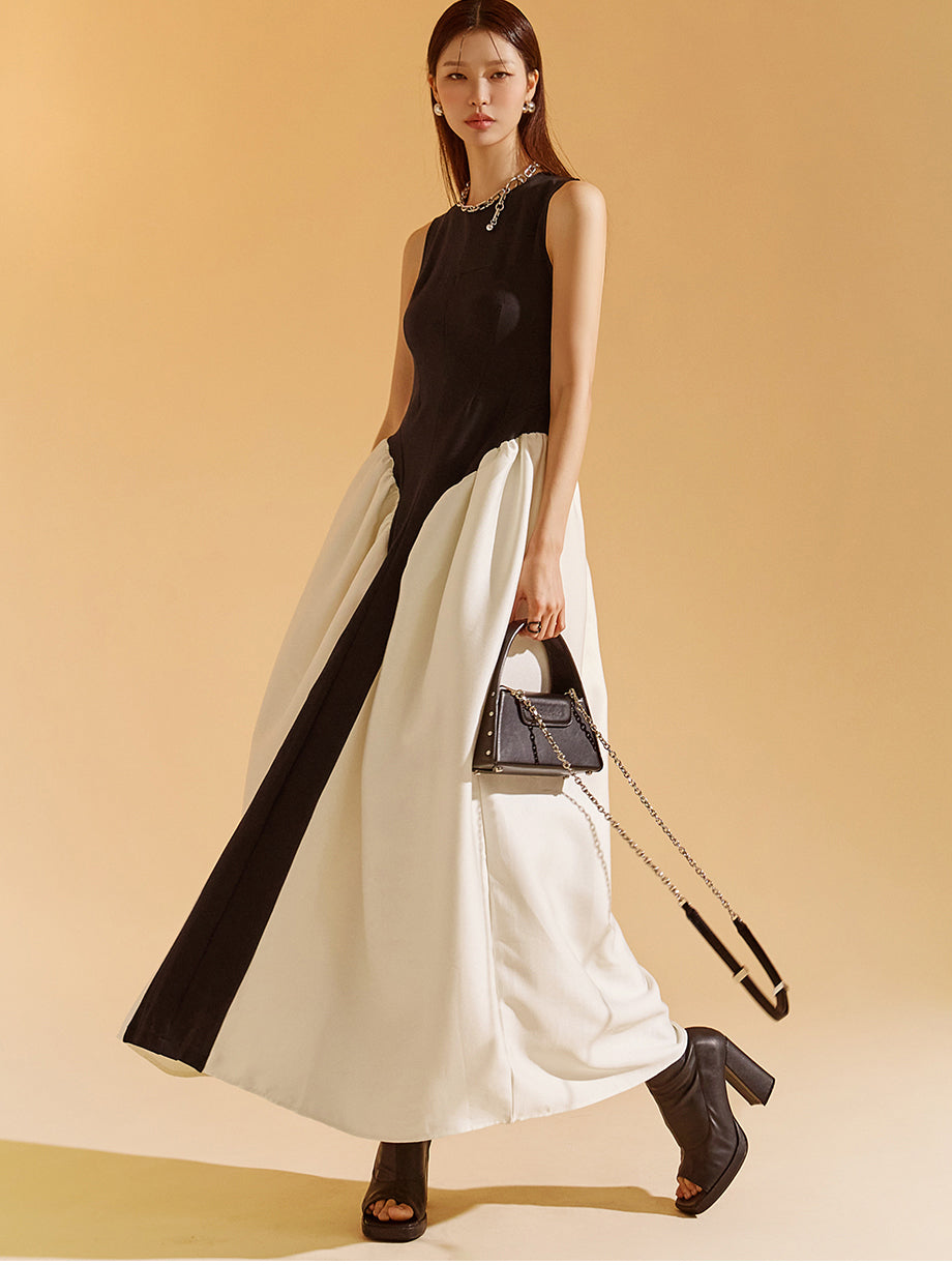 D4742 カラーコントラスト ノースリーブ ドレス