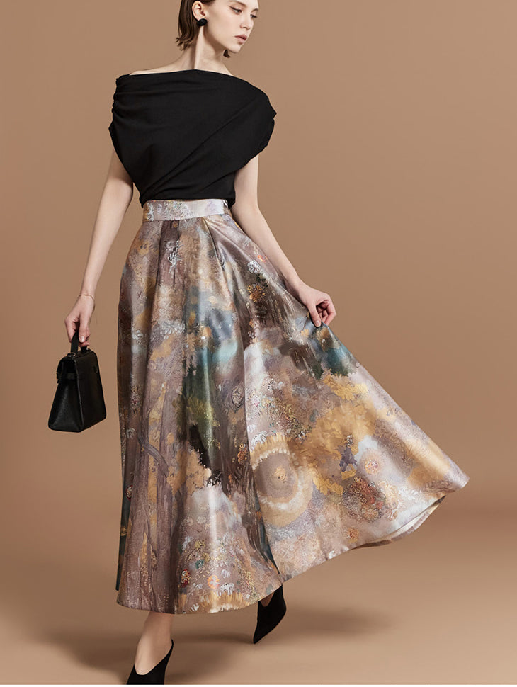 SK9219 Drawing Printing Flare Midi Skirt