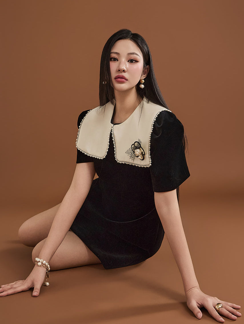 D4837 天鹅绒迷你连衣裙(带胸针)