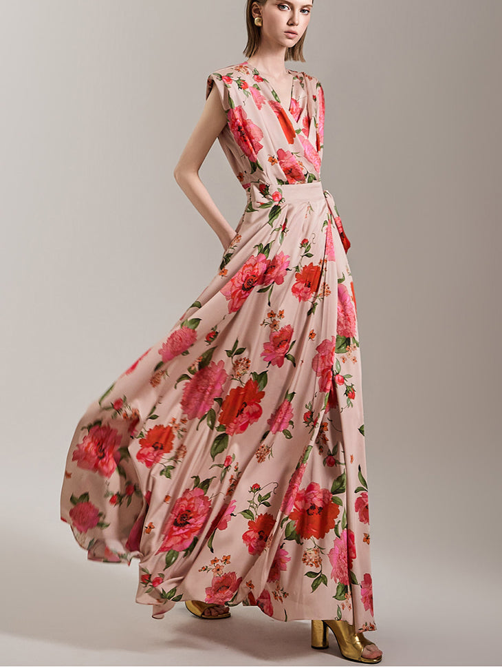 Button Pointed Flower Wrap Dress