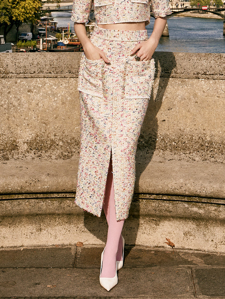 SK9217 ツイードポケットスリットミディスカート