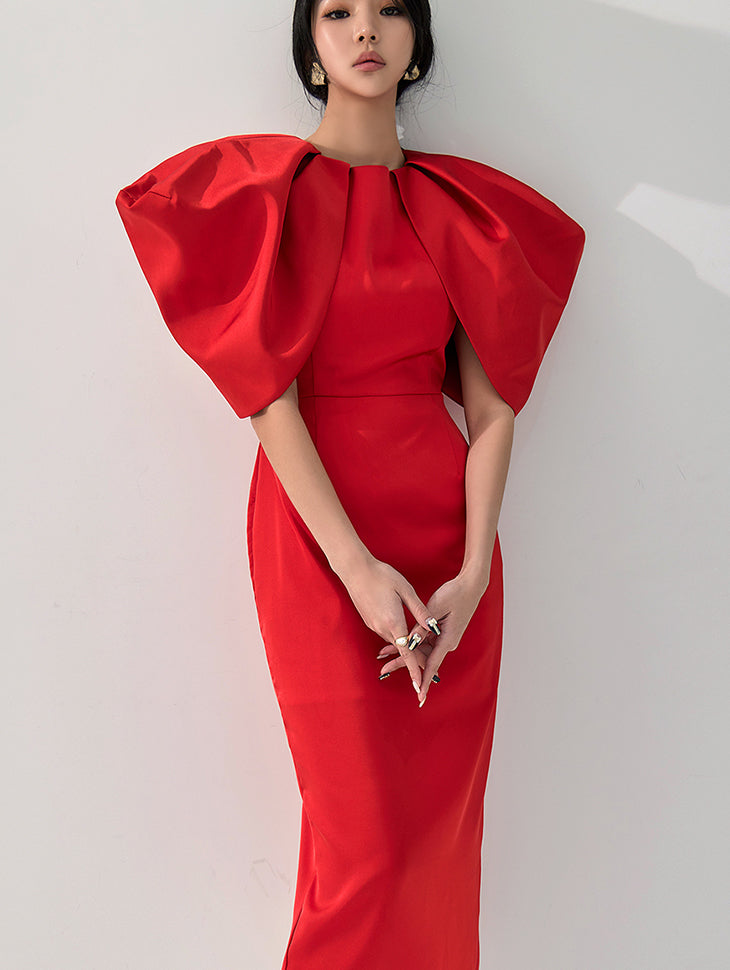 D9411 サテンピンタックウィングドレス