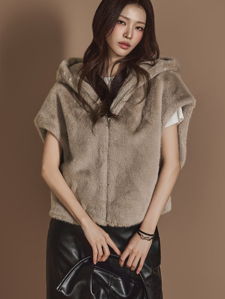 J2439 フェイクファー フード ジップアップ