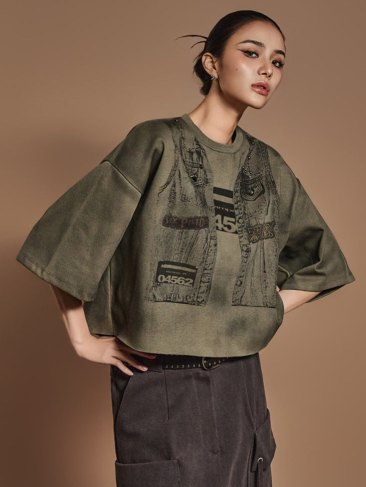 E3616 牛仔印花上衣