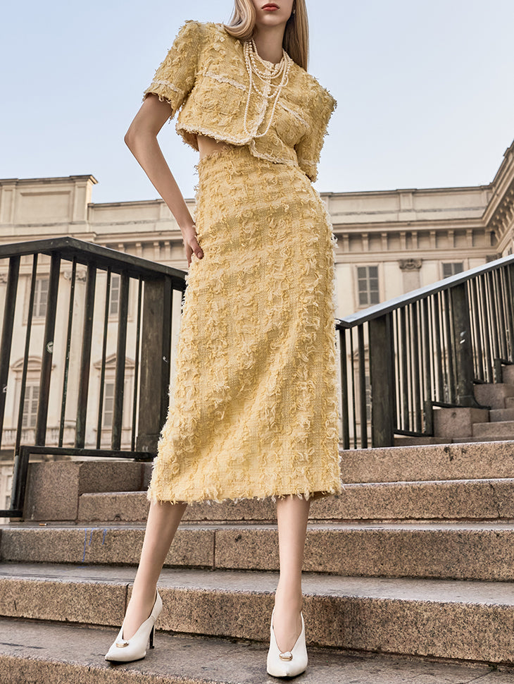 SK9225 Tweed Wool Fringe Midi Skirt