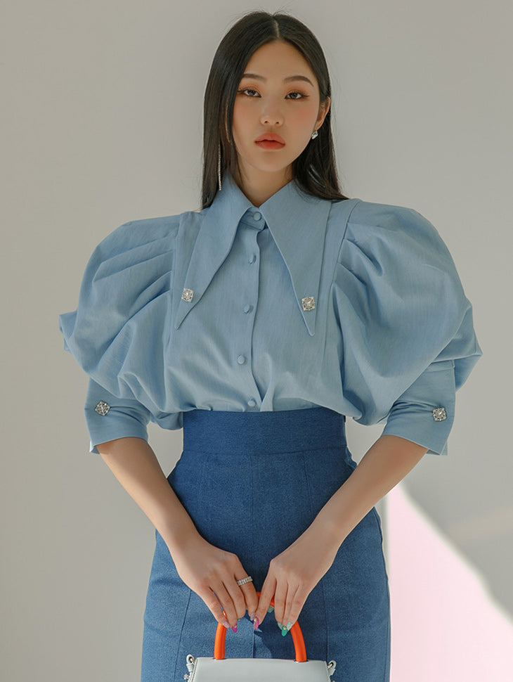 B2707 牛仔大领泡泡衬衫