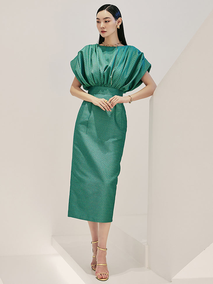 D9405 提花褶皱连衣裙