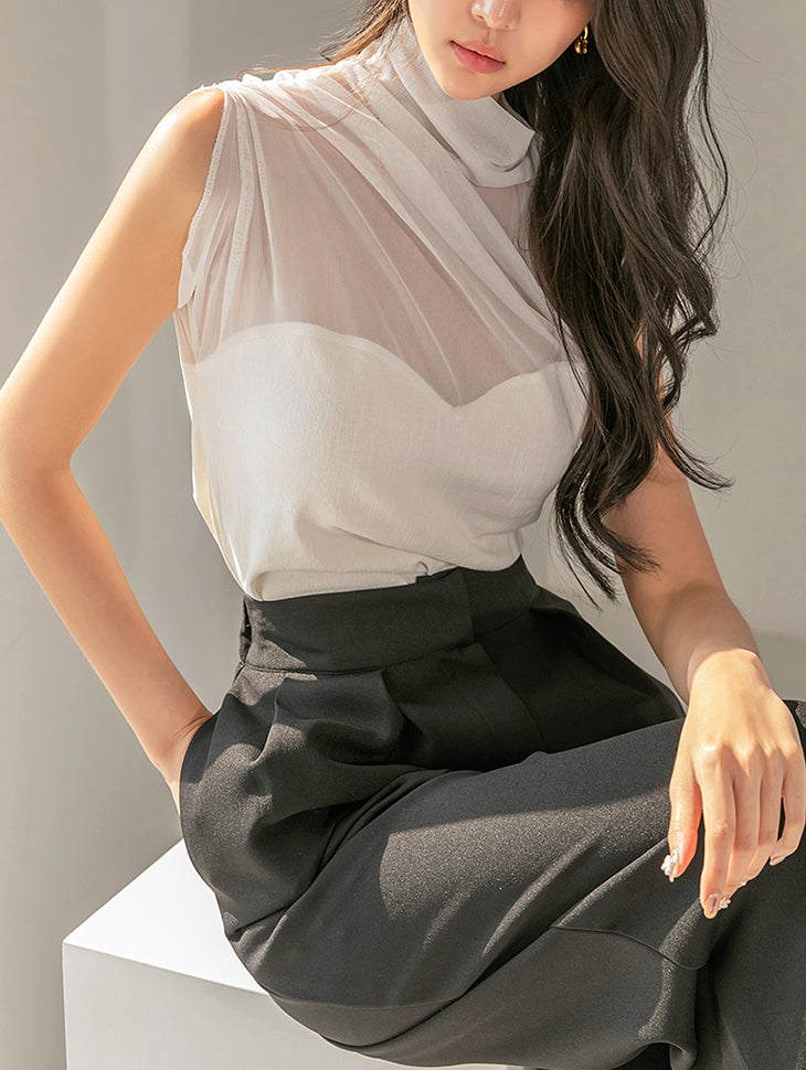 E2795 ハイネック シアー ノースリーブ トップス