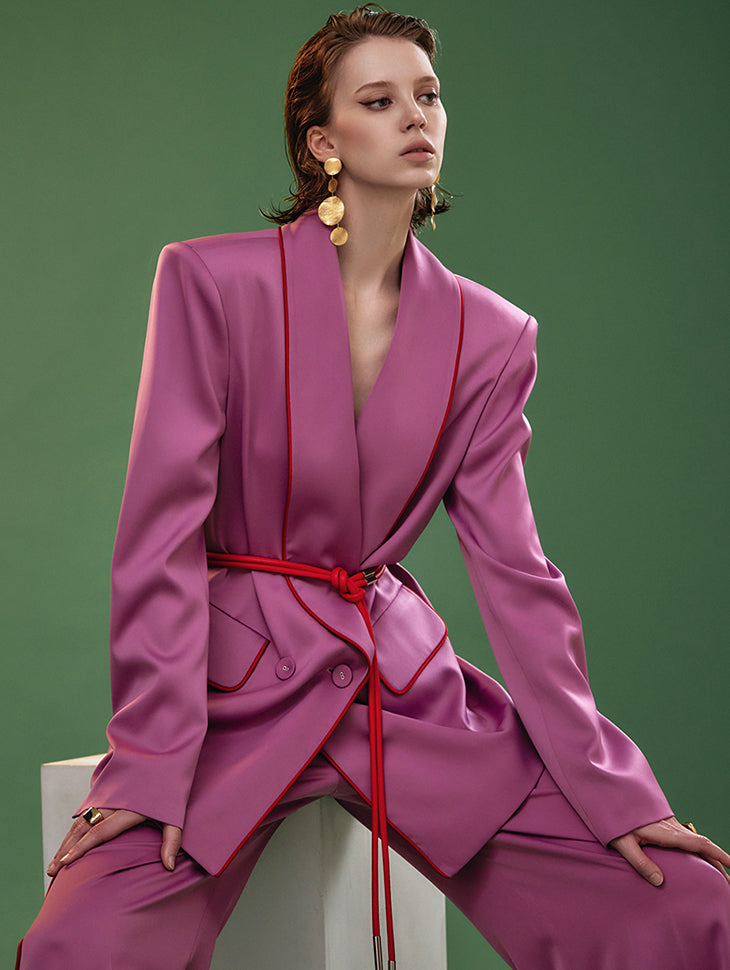 MBDJ017 缎纹拼色双扣夹克(腰带)