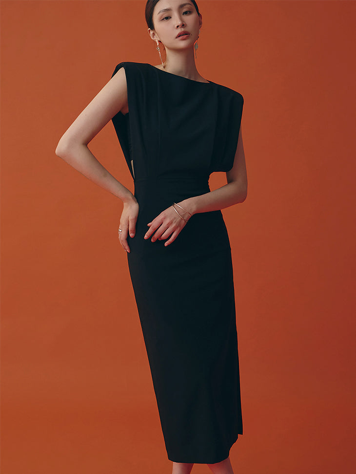 D9419 细褶垫肩中长连衣裙(内套装)