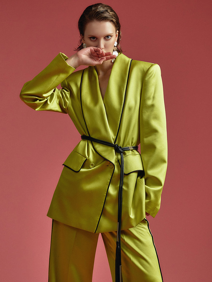 MBDJ017 缎纹拼色双扣夹克(配腰带)