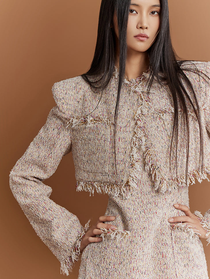 J9276 Tweed Fringe Crop Pad Single Jacket