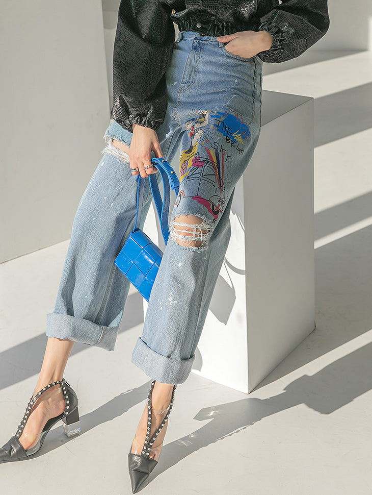 PJ431 复古印花宽牛仔裤