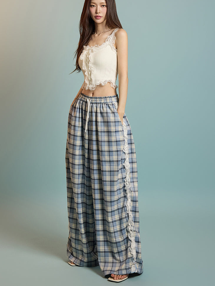 P3505 レースチェック柄パンツ