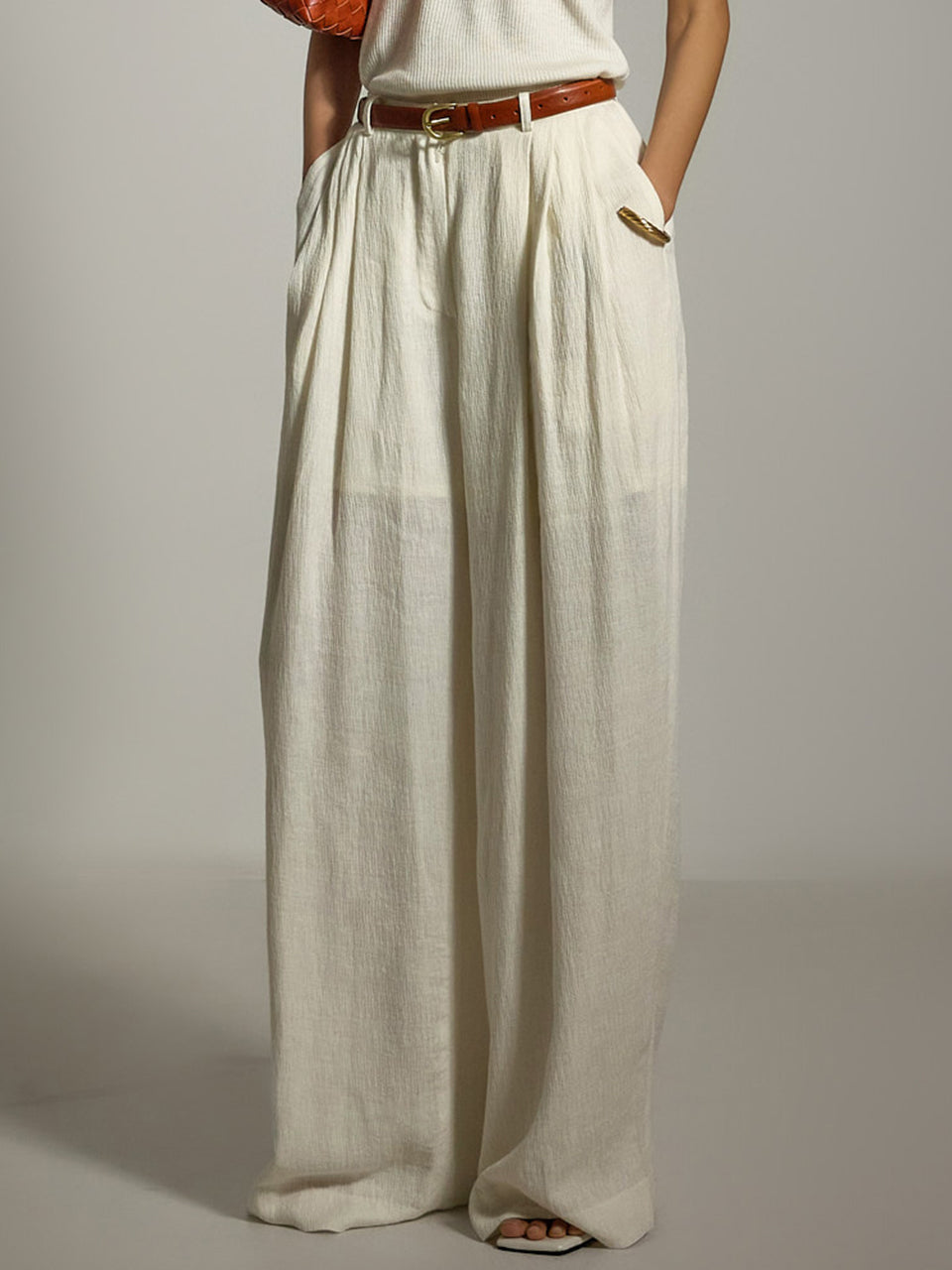 P3513 亚麻褶裥休闲裤