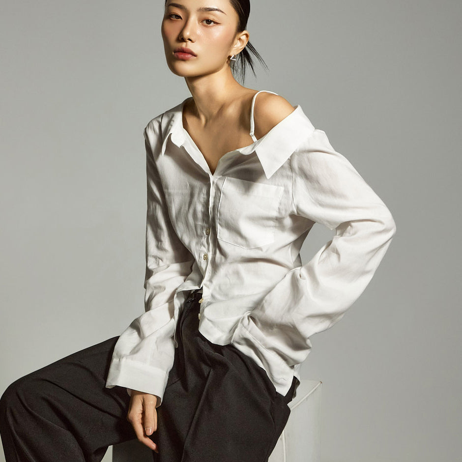 S773 アシンメトリーオフショルダーシャツ